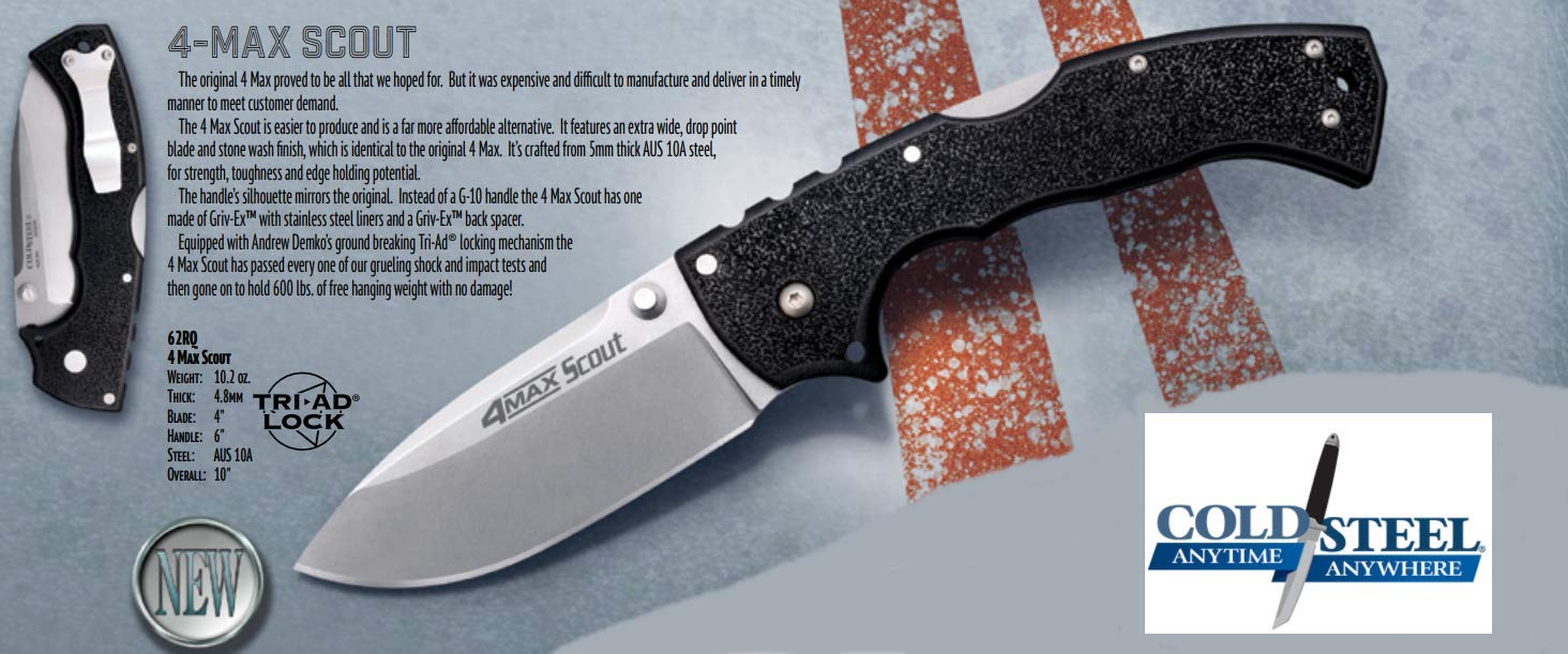Cold Steel 4-Max Scout Folding Knife with Tri-Ad Lock and G-10 Handle, One Size & Rajah II Folding Knife, Black, 6.0" - Image 4