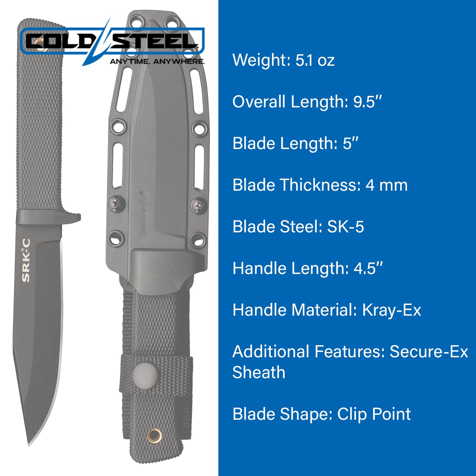 COLD STEEL SRK Compact 5" SK-5 Clip Point Razor-Sharp Blade 4.5" Durable Kray-Ex Handle Tactical Fixed Blade Knife w/Secure-Ex Sheath - Image 7
